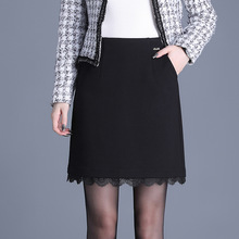 通勤修身显瘦黑色包臀一步裙秋冬款高腰时尚蕾丝拼接半身裙短裙
