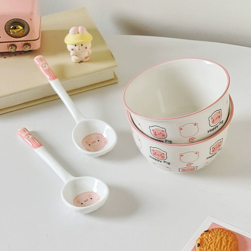Ceramic tableware set, cute pig design, bowls and spoons, multiple set configurations