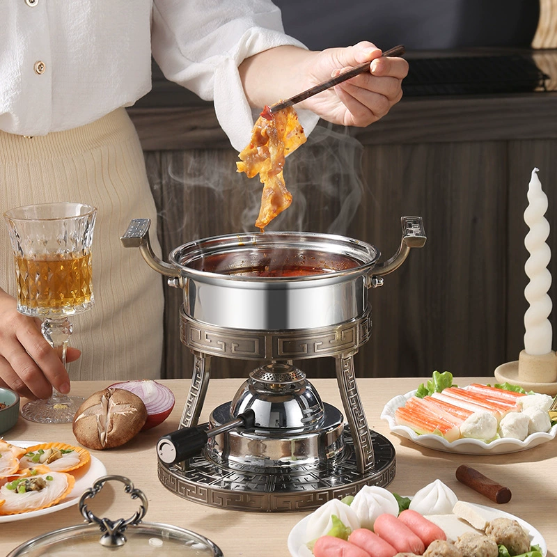 304 нержавеющая сталь газовый надувной маленький горячий горшок спиртовая плита один горшок самообслуживания на вынос маленький горячий горшок