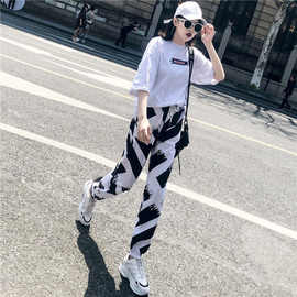 炸街时尚运动裤子女夏季薄款宽松2023新款休闲花色哈伦束脚萝卜裤