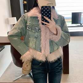 复古设计毛毛拼接牛仔秋冬外套女小个子高级感通勤牛仔棉服上衣潮