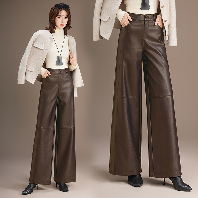 Autumn and Winter Pu Leather Pants Wide-Leg Pants High-Waisted Fashionable Big-Leg Pants Leather Pants Women's 2026 New Style