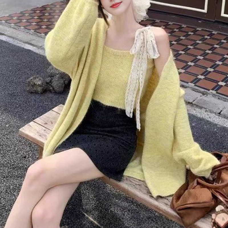 蕾丝系带背心针织开衫两件套装早秋温柔风设计感女显瘦百搭厚外套|undefined