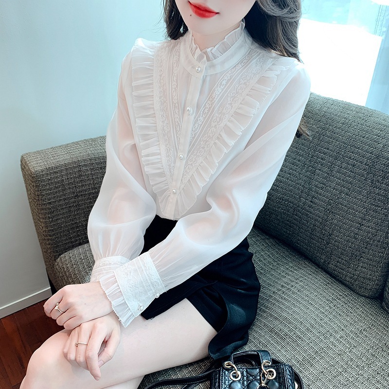 欧根纱长袖衬衫女2025秋季新款时尚设计感小众木耳边立领修身衬衣|undefined