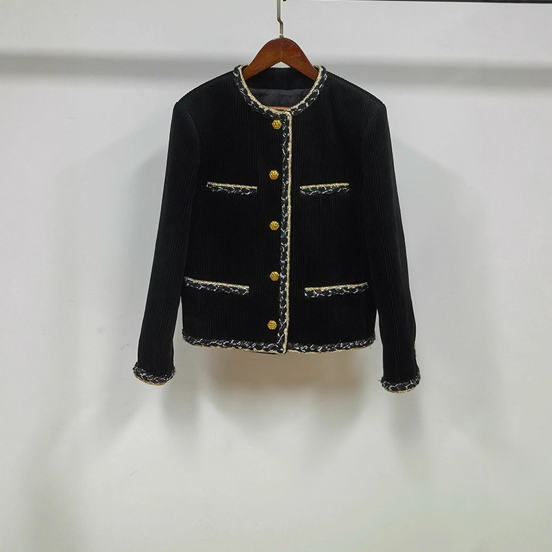 Autumn and Winter New Style Jennie's Same Style Elegant Round Neck Long-Sleeved Vertical Striped Corduroy Tweed Short Jacket for Women