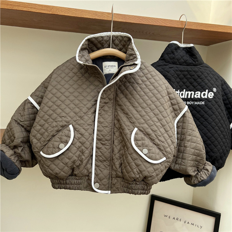 Giacca invernale per bambini, americana, spessa, con piccole lettere ricamate a griglia a rombi, in velluto di cotone, giacca da baseball_voghion.com