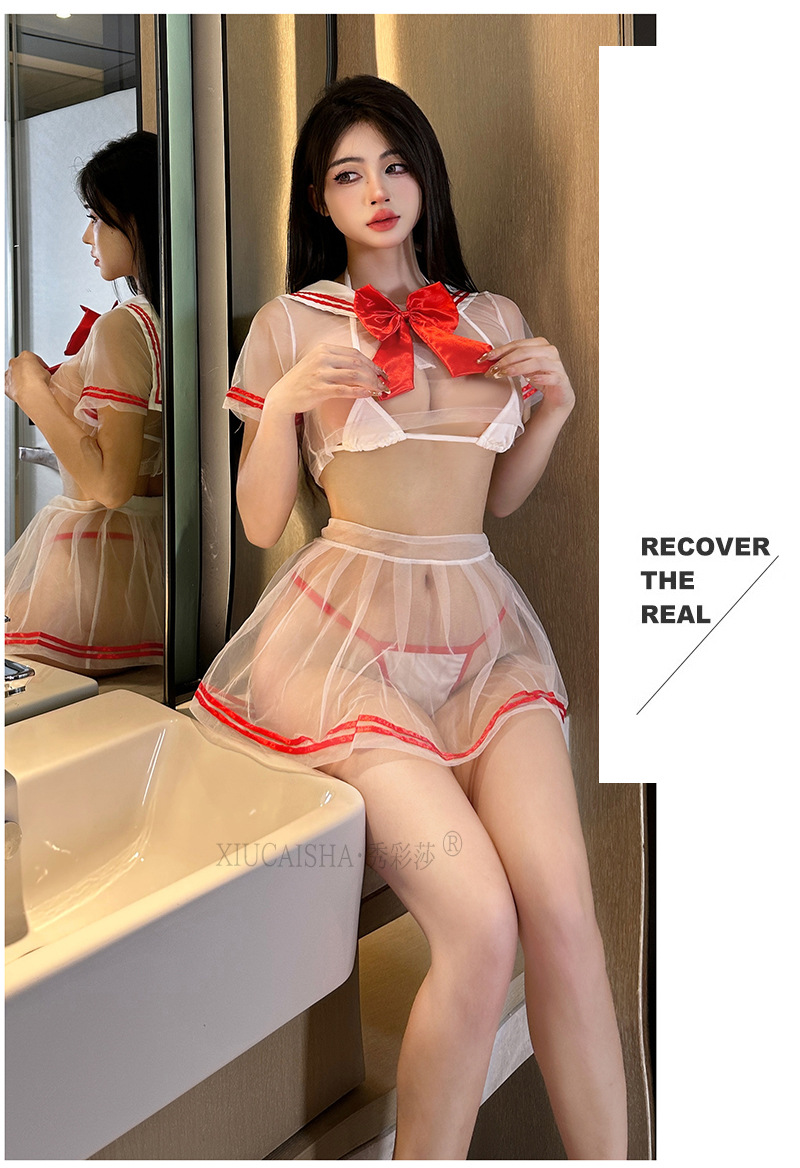 See-Through JK-Style Sailor Role-Play Pajama Set, Two-Piece Ultra-Short Skirt, Black One Size — detail image 13