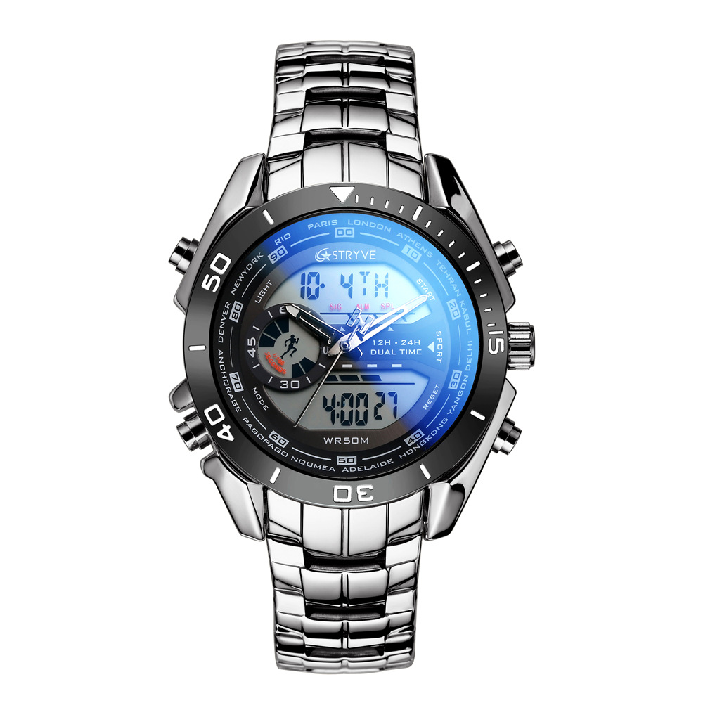 STRYVE reloj de negocios para hombre doble pantalla impermeable reloj electrónico de cuarzo para hombre reloj de acero inoxidable S8019