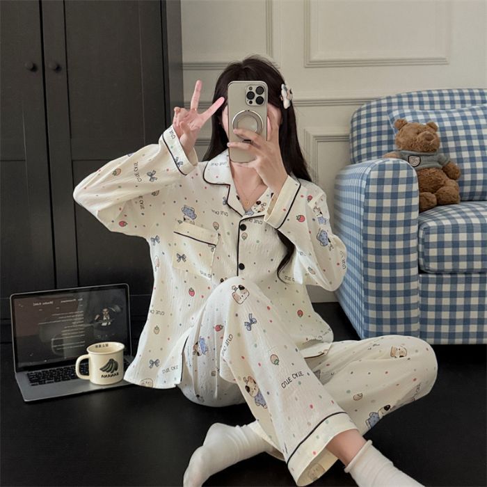 Al por mayor transfronterizo primavera y otoño nuevo pijama de mujer nubes de algodón con solapa cardigan de manga larga pantalones dulces set de ropa para el hogar