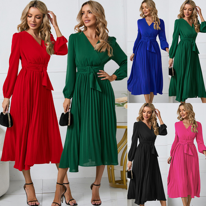 2026 European and American Temu Women's New Long-Sleeve Slim-Fit Pleated Belt V-Neck Dress Cross-Border Amazon A-Line Dress