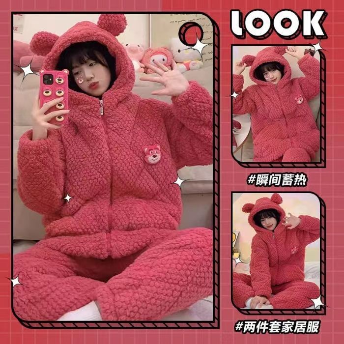 Transmisión en vivo de invierno transfronterizo cálido más pijamas engrosados de terciopelo mujeres lindo rebeca de solapa de ins servicio a domicilio de una pieza