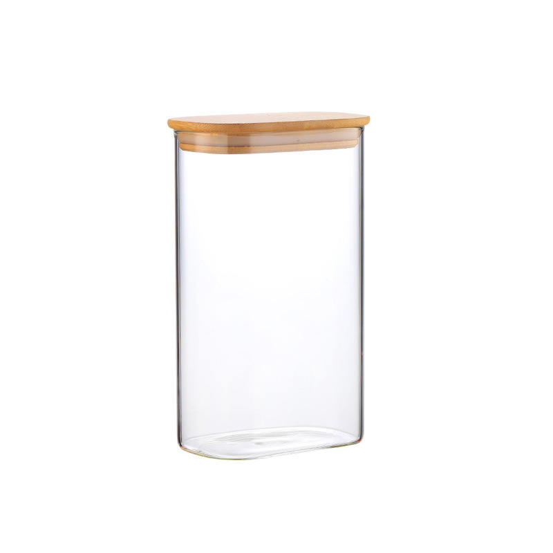 Tarro rectangular de vidrio sellado para almacenamiento de granos en la cocina, tarro con tapa de bambú, botella para té, tarro de almacenamiento de vidrio de borosilicato alto.