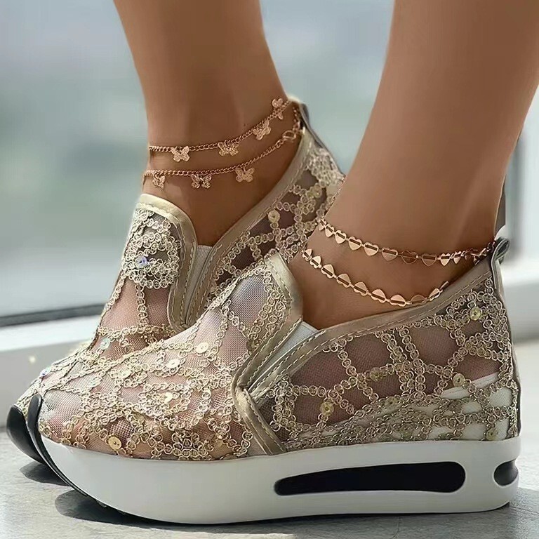Cross-Border Sequin Large Size Thick-Soled Sports Shoes for Women Autumn New European and American Mesh Breathable Slip-On Wedge Shoes Wholesale Cross-Border Sequin Large Size Thick-Soled Sports Shoes for Women Autumn New European and American Mesh Breathable Slip-On Wedge Shoes Wholesale