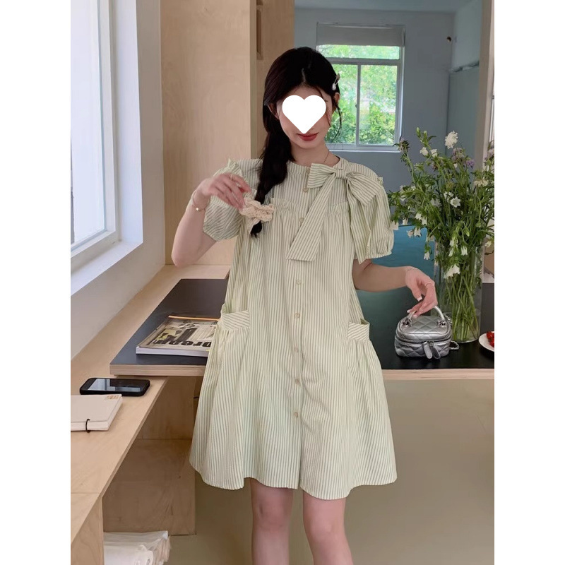 可爱减龄绿色条纹连衣裙女夏2025新款小个子a字裙娃娃裙森系爆款|undefined