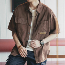 夏季新款重磅短袖衬衫男士日系潮牌宽松休闲百搭复古工装衬衣外套