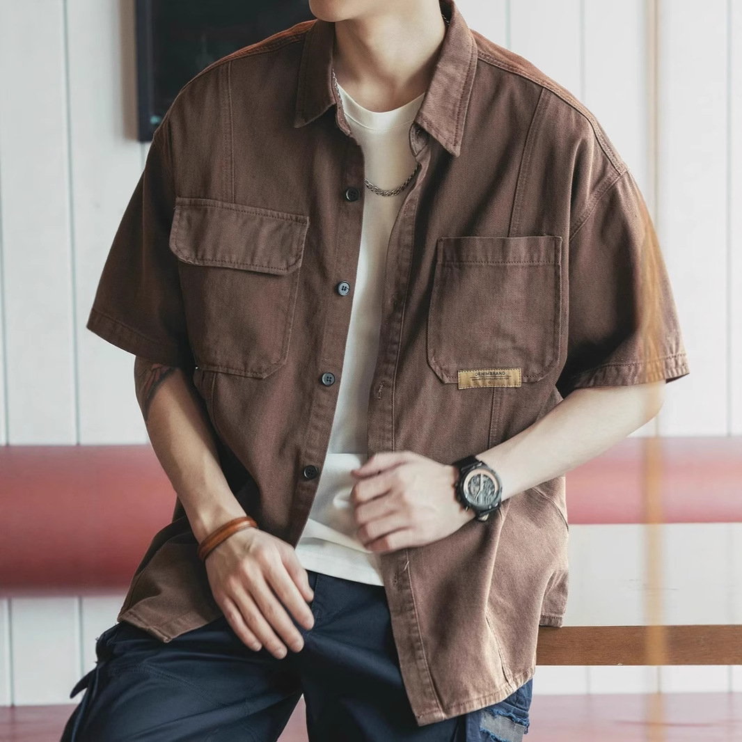 Summer New Heavy Short-Sleeve Shirt Men's Japanese Style Trendy Loose Casual Versatile Retro Work Shirt Jacket