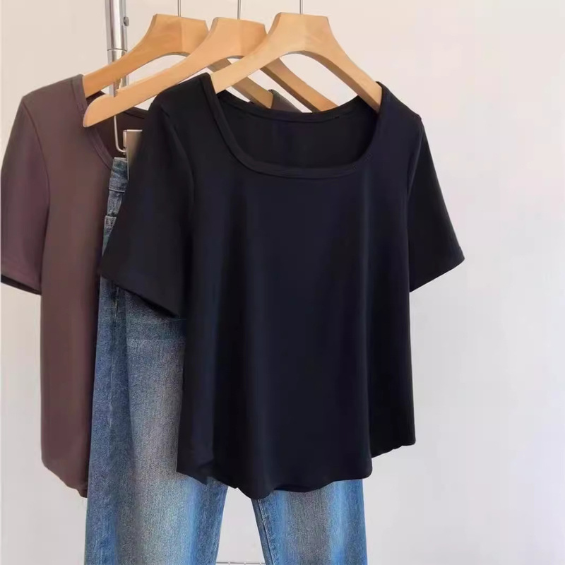 Pure Cotton Summer Plus Size Women's Shoulder New Short-Sleeved T-Shirt Slimming Look Belly Loose Square Collar Top