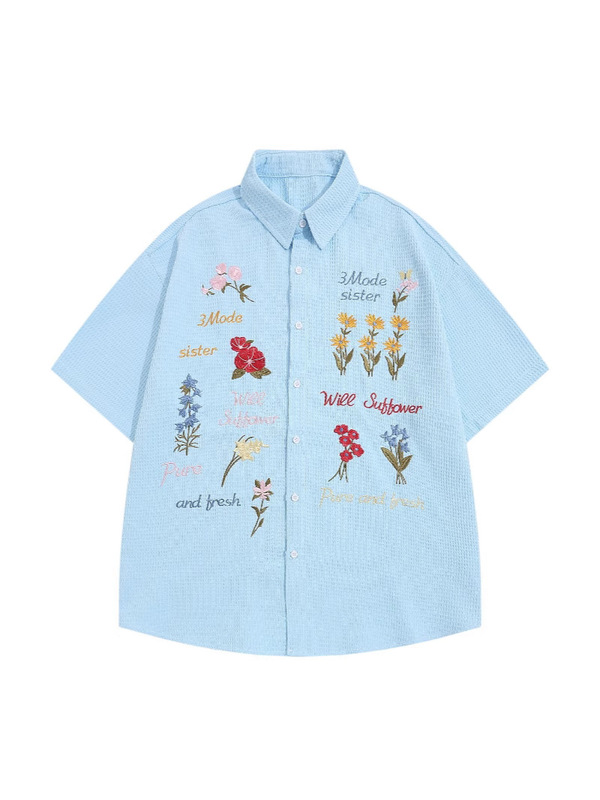 アメリカンレトロワッフル花柄シャツカラフルな刺繍半袖Tシャツルーズレイジースタイルカジュアル万能メンズTシャツ|undefined