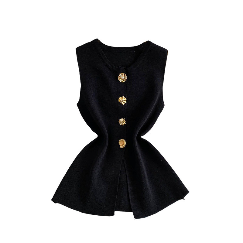Women's Slim Fit Sleeveless Vest round Neck High End Sophisticated Look Fashionable Metal Buckles Versatile Summer Style_ecoleips.com