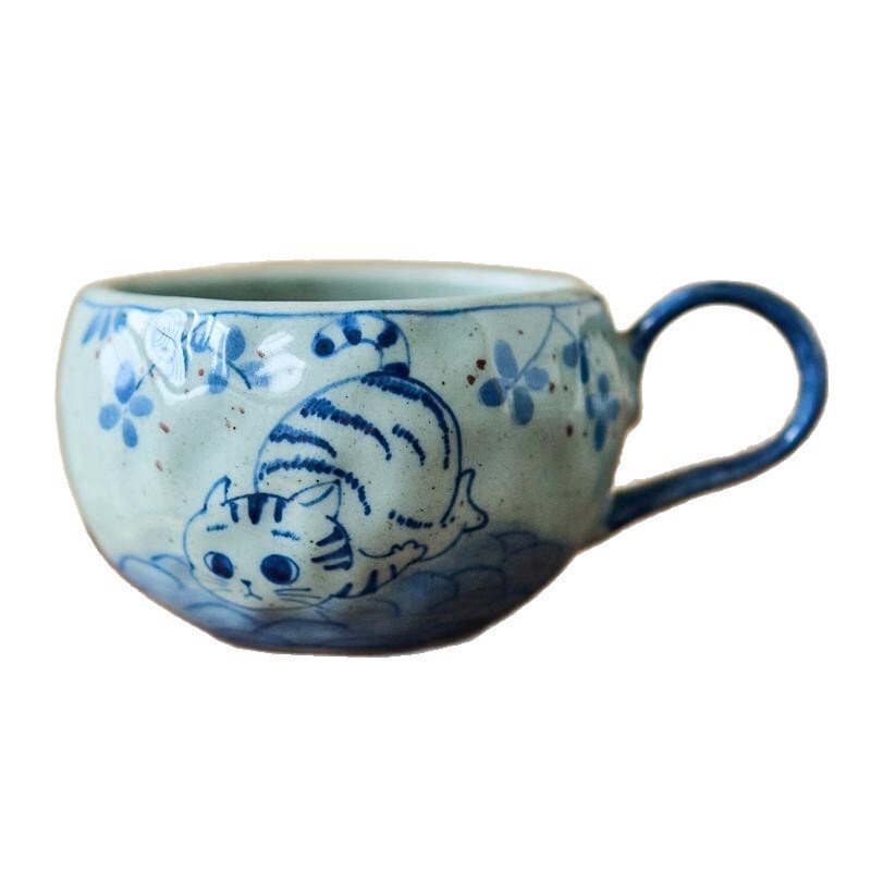 Tao Meiji 手描き青と白の磁器コーヒーカップ手作りかわいい猫マグ家庭用セラミックウォーターカップ朝食カップ|undefined