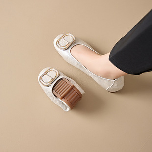 First-Layer Cowhide Small Flats for Women, Soft-Soled Lightweight Dance Shoes for Women, Half-Fold Egg Roll Shoes for Women, Casual Large Size Mom Shoes for Women