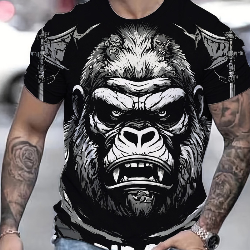 Interesting Violent Gorilla Pattern 3D Digital Printing Cross-Border New Men's Short-Sleeved T-Shirt Factory Direct Sale