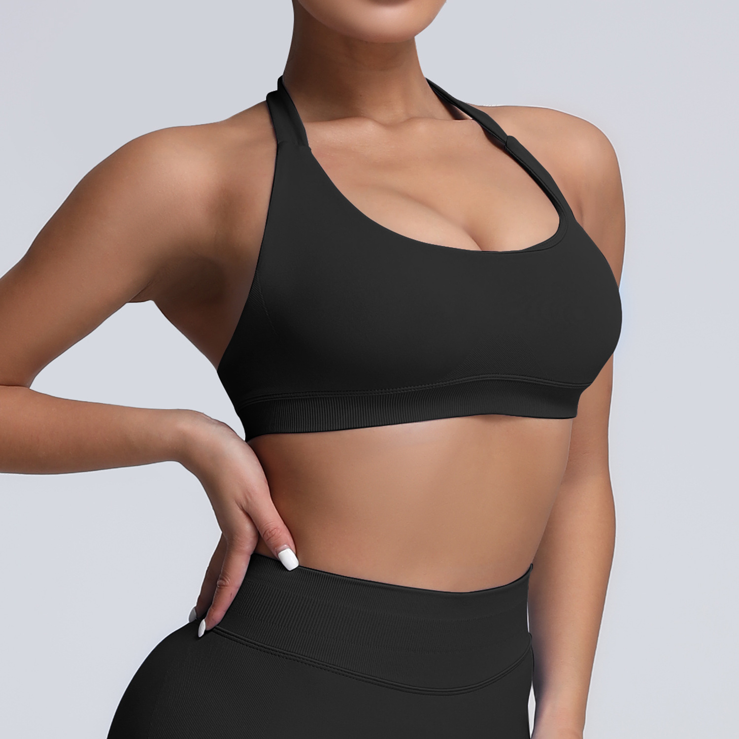 Europa y los Estados Unidos cuello colgante belleza de espalda ropa interior deportiva alta elástica matte nylon de espalda abierta gran chaqueta de yoga sujetador mujer