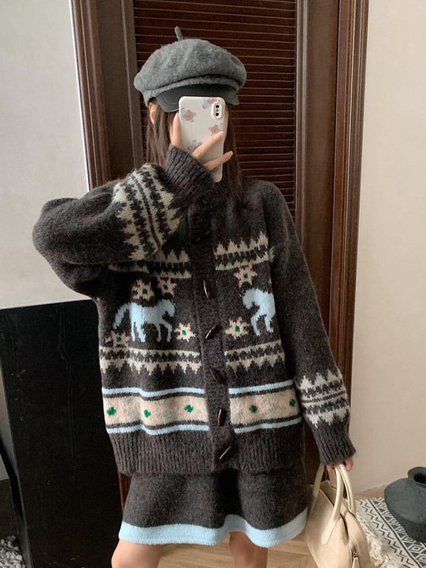 复古费尔岛毛衣套装牛角扣提花针织开衫外套半身裙女秋冬季两件套|undefined