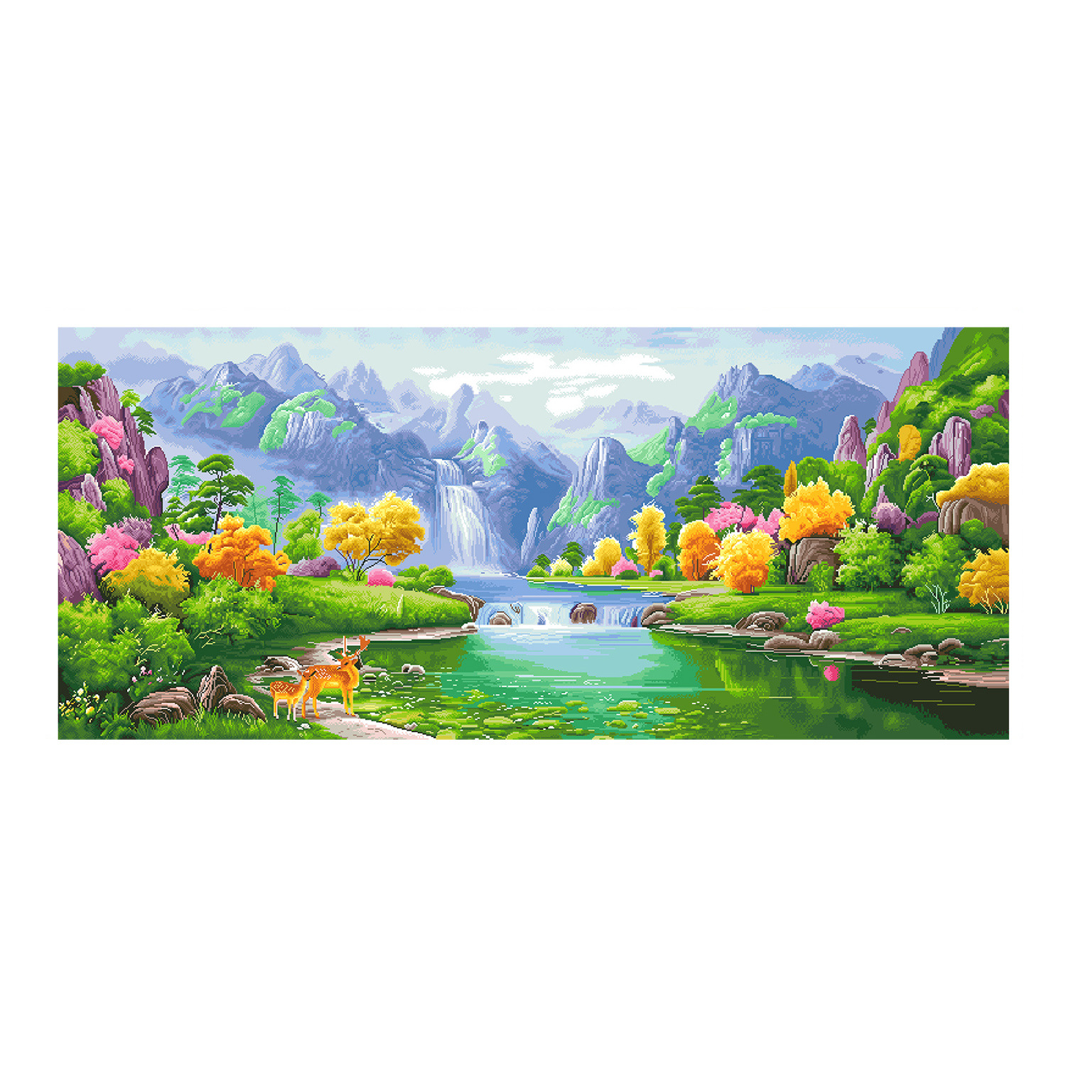 Mona Lisa, Pintura de Paisaje Bordada a Mano con Puntos de Cruz, Montañas Verdes y Agua Verde, Ciervo de la Fortuna, Decoración Grande para Sala de Estar image 6