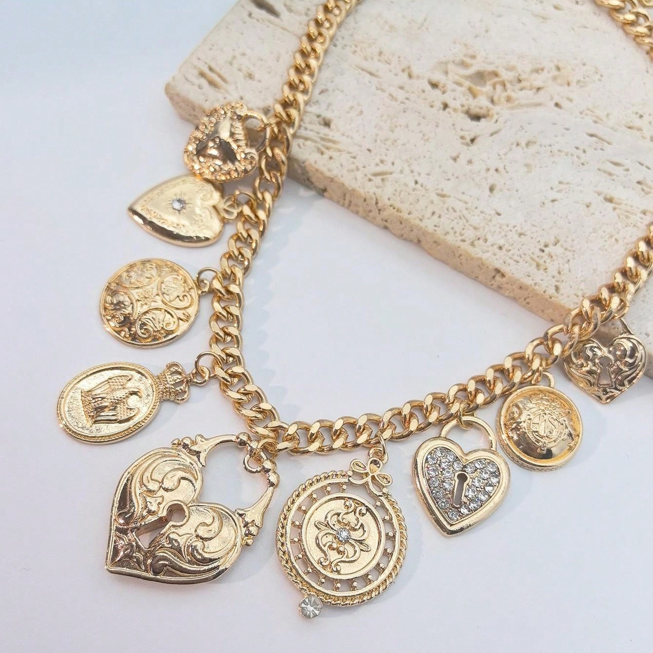 Heart Shape, Rose, Bow Knot Pattern IG Style Vintage Style Heart Shape Rose Bow Knot Rhinestones CCB Alloy Cuban Link Chain Curb Chain Layered Necklaces Wholesale