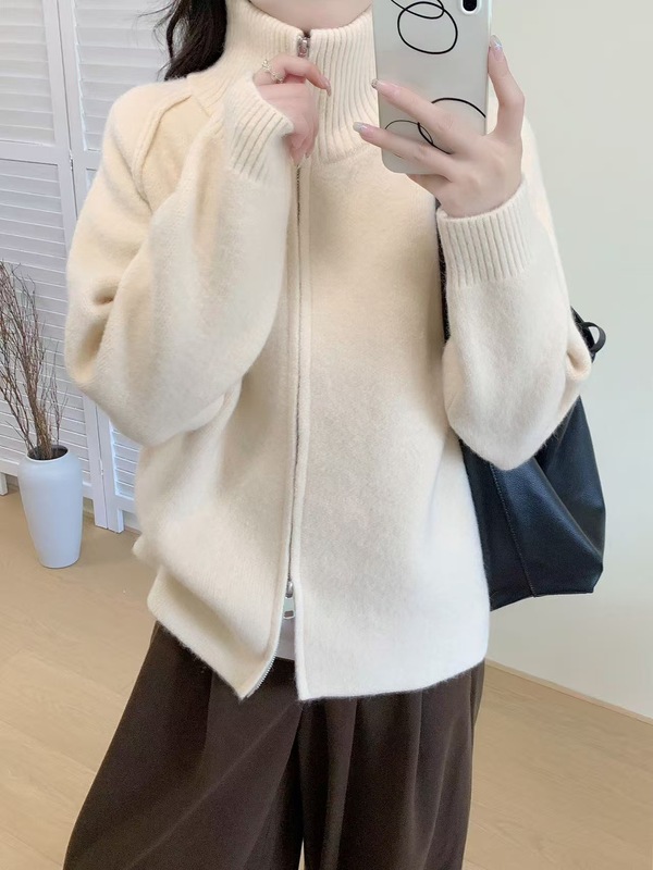跨境慵懒风毛衣外套女2025秋冬新款韩系纯色立领拉链针织开衫|undefined