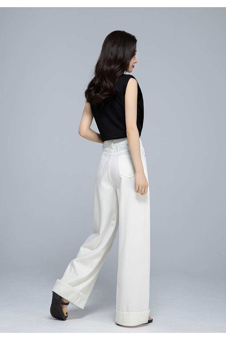Quần jean ống rộng nữ cạp cao vải Tencel cotton mềm mại, dáng suông rộng, gấu xắn, mỏng nhẹ mùa hè — Màu trắng chi tiết 28