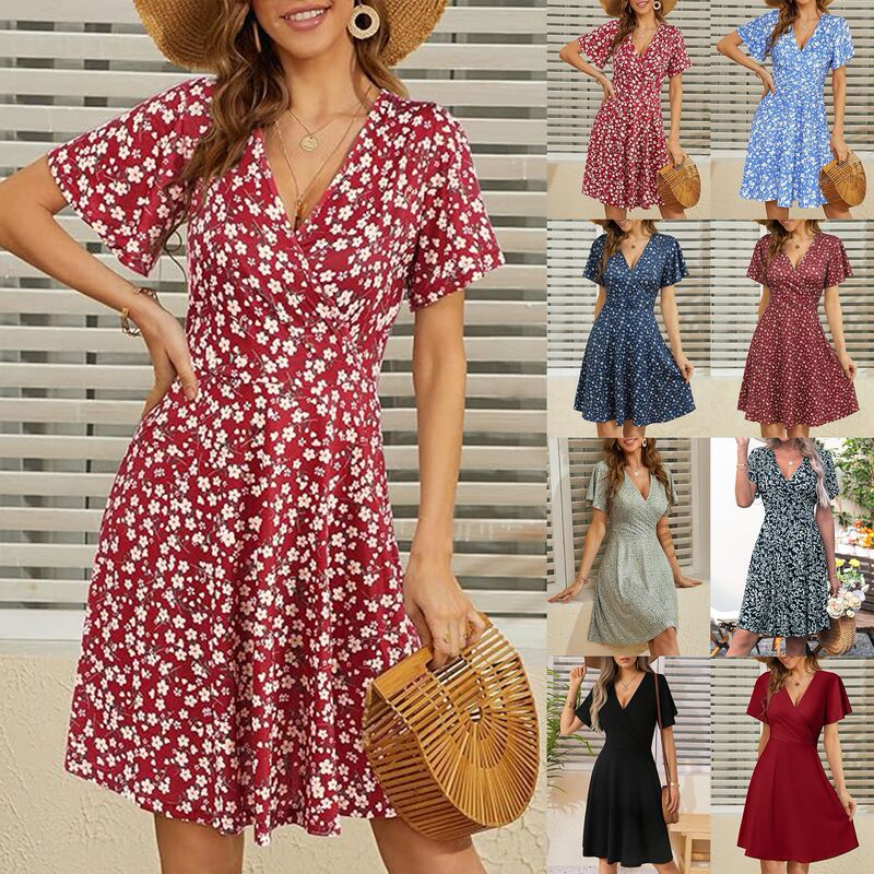Summer New Women's Floral Short-Sleeve Wrap V-Neck A-Line Dress Summer New Women's Floral Short-Sleeve Wrap V-Neck A-Line Dress