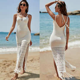 2023新款亚马逊性感针织镂空沙滩罩衫系带流苏比基尼泳衣沙滩裙防