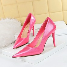 9511-21 European and American Banquet Simple High Heels Slim Heels Super High Heels Shallow Notched Crystal Lacquer Leather Single Shoes Women's Shoes