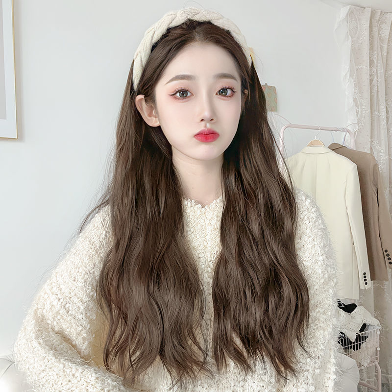 Pelo banda peluca integrada moda peluca mujer Pelo Largo alto cráneo superior pelo artificial completo cabello humano natural Internet celebridad cubierta completa de la cabeza