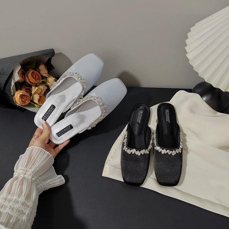 Французские легкие роскошные высококачественные черные атласные туфли-лодочки на плоской подошве со сверкающими стразами и квадратным носком, тапочки в королевском стиле сестры