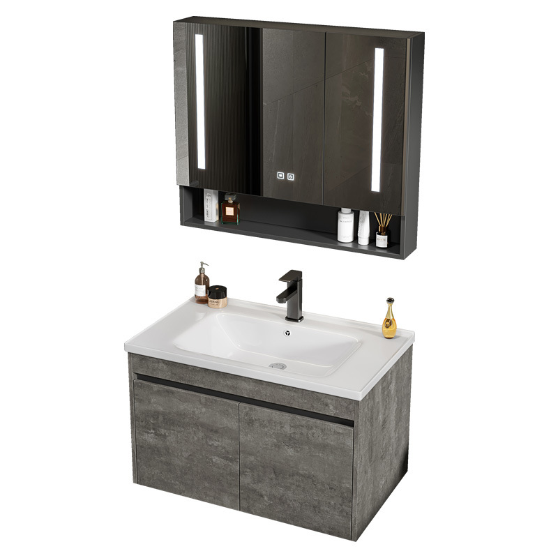 Gabinete de baño de aluminio de lujo ligero tablero de roca espacial lavabo de cerámica en el balcón lavabo de baño