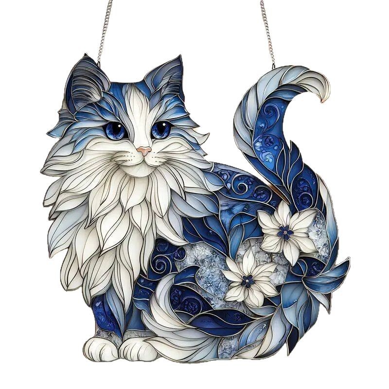 Acrílico transfronterizo gato azul puertas y ventanas colgantes de decoración de pared doméstica colgantes de cadena captador de sol colgantes