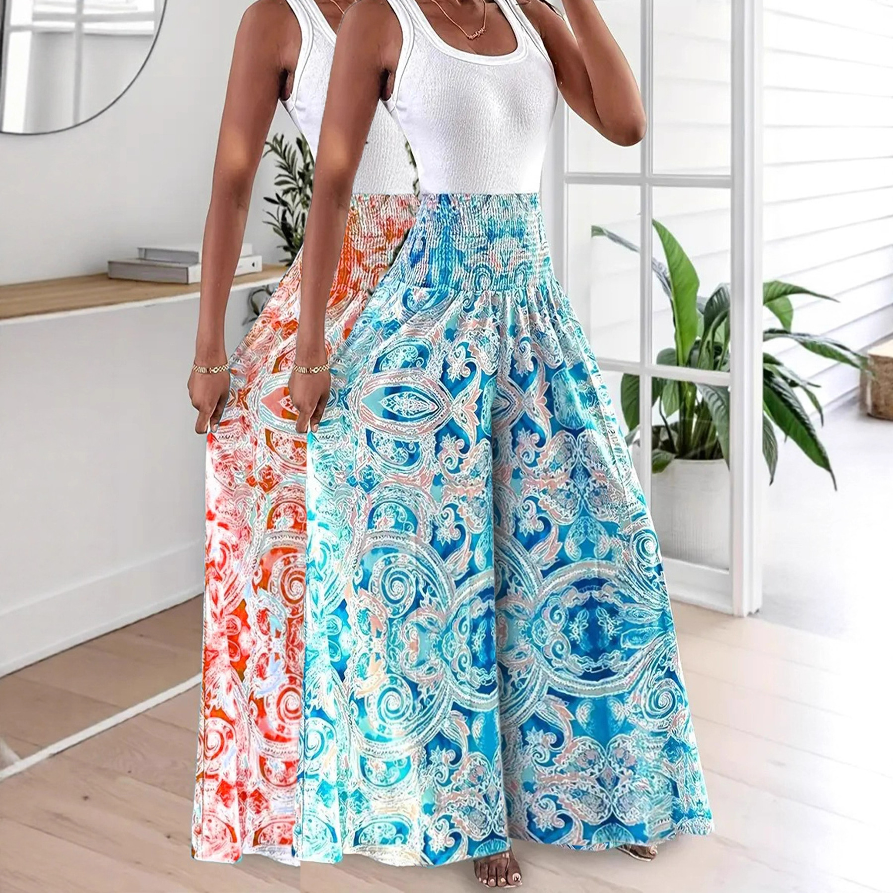 European and American 2025 Cross-Border Hot-Selling Peris Pattern High-Waist Elastic Slim A-Line Wide-Leg Flared Pants for All Seasons