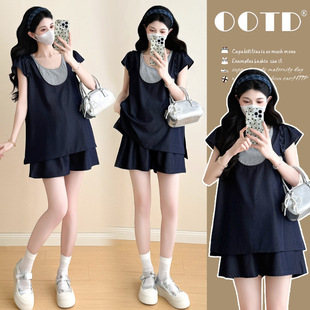 Maternity Wear Fake Two-Piece Denim Vest Suit 2025 Summer Retro Design Casual Age-Reducing Shorts Two-Piece Set