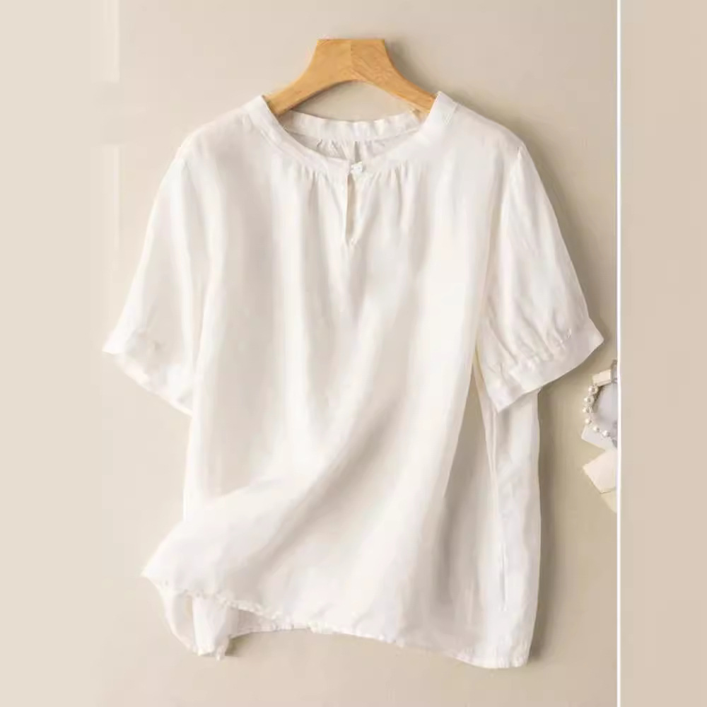 Women's Summer Casual Cotton-Linen Short-Sleeved T-Shirt In A Solid Color, Versatile And Comfortable To Wear; Features A_ecoleips.com
