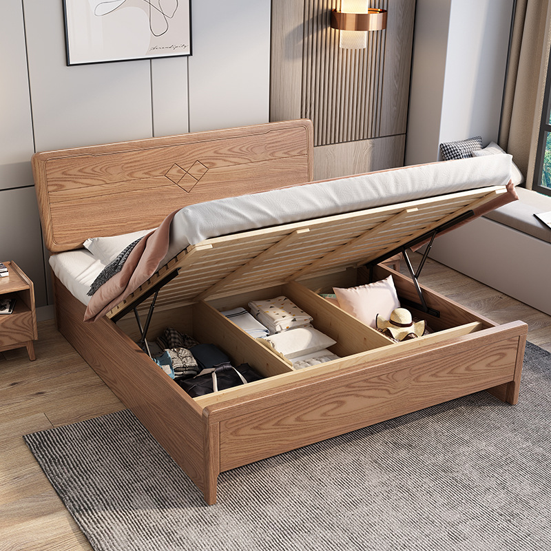 Dormitorio principal de fresno nórdico 1,8 cama doble 1,5 cama de madera maciza moderna y minimalista cama de almacenamiento de caja alta cama de madera maciza de lujo ligero