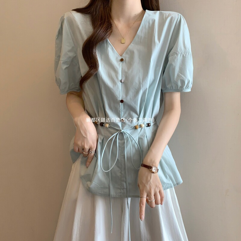 Light Blue Collar Right Shoulder Short-Sleeved Shirt for Women Summer New Large Size Fat Colorful Beaded Waist Top