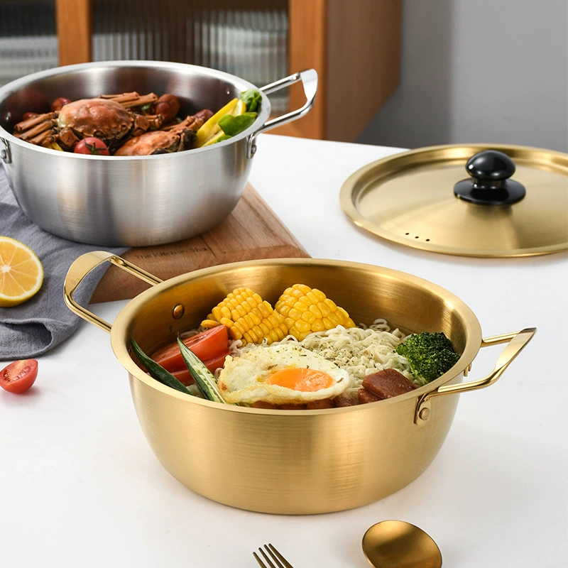 Stainless steel instant noodles pot ramen pot with lid double ear soup pot induction cooker open flame suitable for pots Korean design