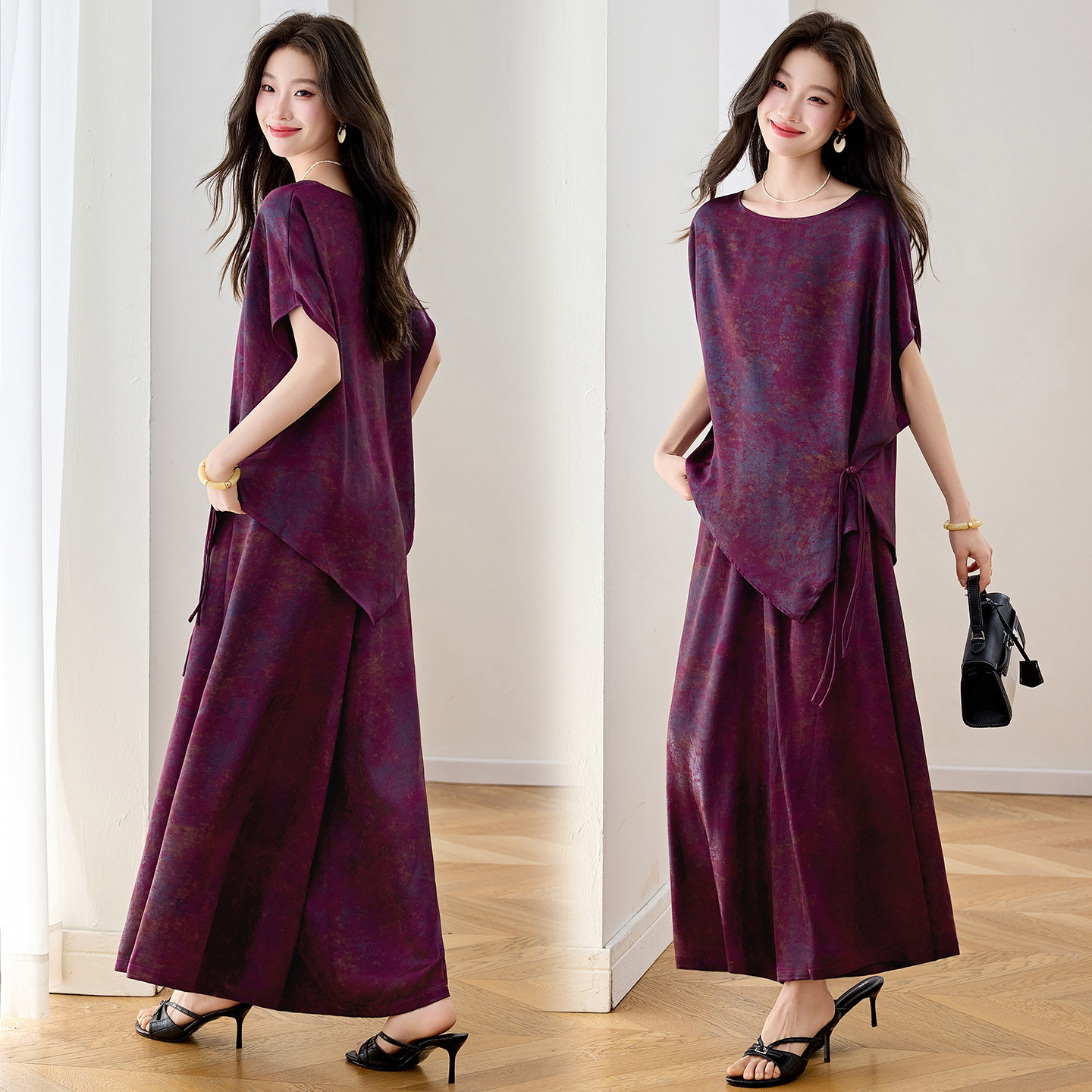 Bộ áo crop top phối quần ống rộng in họa tiết hoa không đối xứng mùa hè 2026 — màu tím, màu vàng
