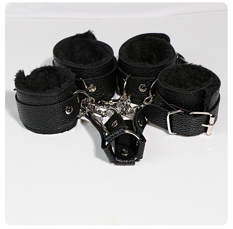 Plush Bondage Restraint Set with Handcuffs, Foot Cuffs, Neck Collar and Blindfold in Black — detail image 37