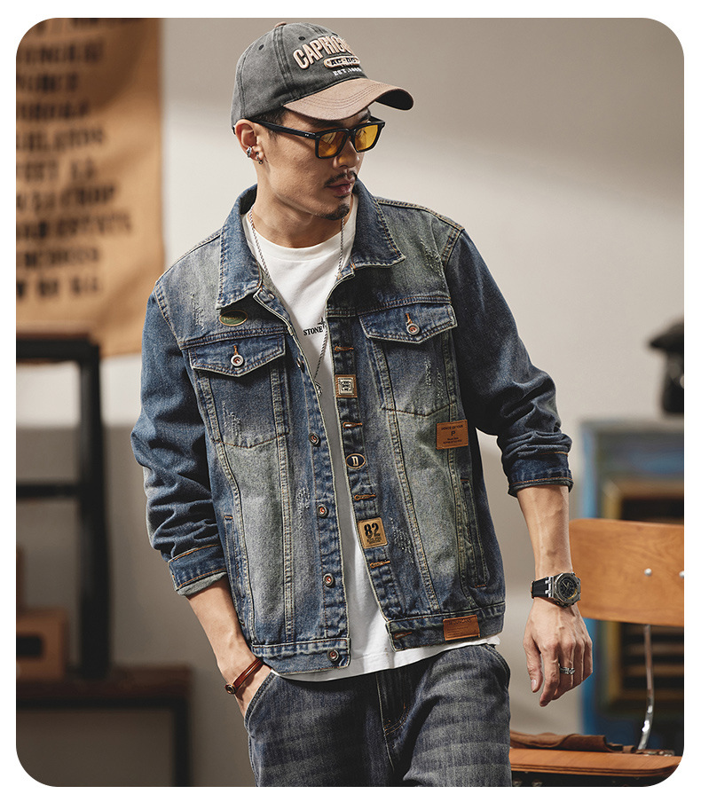 Herr retro denimjacka för höst vinter slim fit tvättad_voghion.com