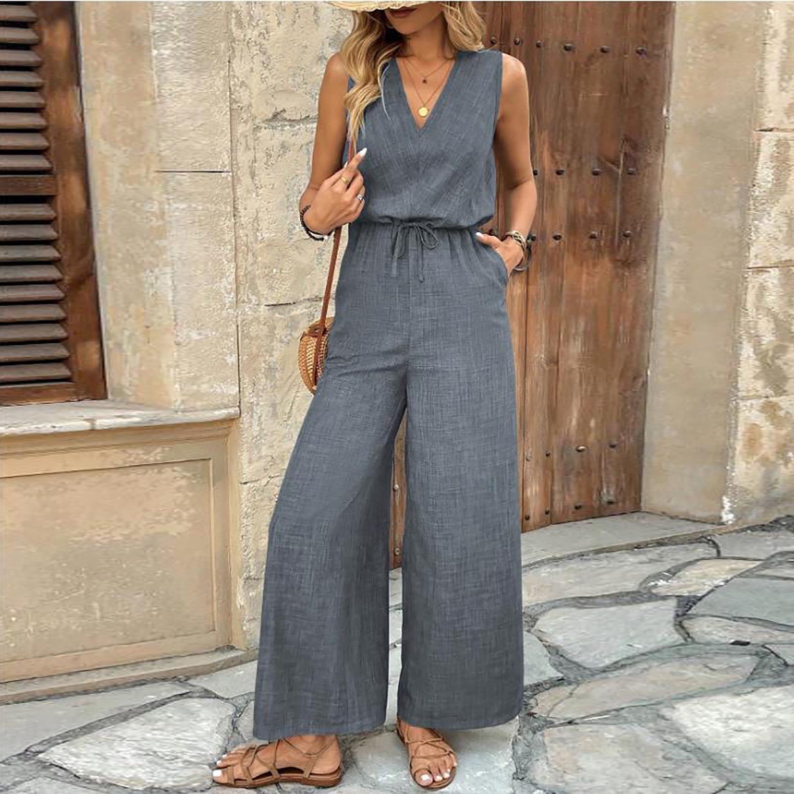 2026 verano nuevo comercio exterior transfronterizo de Europa y América fuente de tejido de color sólido temperamento de moda sin mangas pantalones de mujer monje