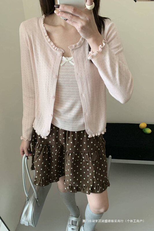 Bow-Knot Summer Gentle and Sweet Knitted Cardigan with Hollow-Out Straps Two-Piece Set Thin New Style Sun-Protective Long-Sleeve Top Bow-Knot Summer Gentle and Sweet Knitted Cardigan with Hollow-Out Straps Two-Piece Set Thin New Style Sun-Protective Long-Sleeve Top